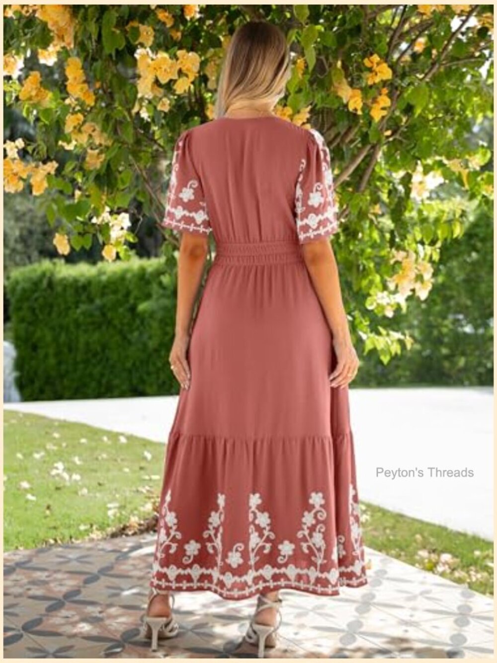 Women's Embroidered Floral Boho Maxi Dress V-Neck Short Sleeve A-Line - Picture 4 of 7